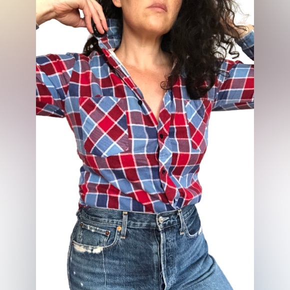 Vintage Buffalo Check Plaid Flannel Longline Button Down Shacket Shirt Jacket - Picture 2 of 9